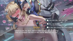 ai_art aphrodisiac arms_behind_back artist_request bare_shoulders blonde_hair blush bottle bottomless breasts collar defeated dialogue dottore_(genshin_impact) drool english_text femsub genshin_impact gloves heart heart_eyes large_breasts licking lumine_(genshin_impact) maledom mask mind_break pussy_juice restrained sex smile speech_bubble symbol symbol_in_eyes tagme text tongue tongue_out topless