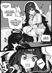  barefoot breasts cleavage cleavage_cutout dialogue dress english_text goddess greyscale halo hololive hololive_english kronii_ouro large_breasts long_hair monochrome old_metal_666 open_mouth possession simple_background speech_bubble surprised tentacles text virtual_youtuber 