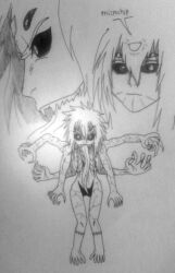 black_sclera bottomless clone doudile evil_smile female_only femsub hypnotic_accessory long_tongue microchip multiple_arms multiple_eyes nude open_mouth original short_hair smile tech_control text topless traditional