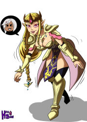 absurdres armor bent_over blonde_hair boots braid cia cleavage crown earrings elf_ears female_only femdom femsub glowing_eyes hair_ornament hexside hyrule_warriors jewelry long_hair nintendo possession princess princess_zelda red_eyes signature simple_background smile solo standing the_legend_of_zelda thought_bubble white_background 
