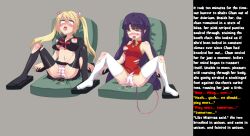 ahegao blonde_hair blush bottomless caption caption_only drool eye_roll female_only femdom femsub fighting_stockings_girl_(series) manip multiple_girls mvv open_mouth original panties purple_hair pussy_juice sex_toy tech_control text thighhighs tongue tongue_out toxic_thunder_(manipper) underwear vibrator