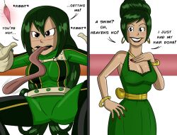 beehive_hair before_and_after black_eyes bouffant dialogue domestication dress earrings female_only femsub frog_girl green_hair happy_trance housewife jewelry long_hair my_hero_academia nail_polish necklace open_mouth polmanning smile stepfordization text tongue tongue_out tsuyu_asui western