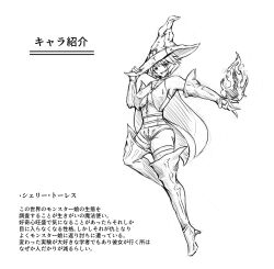 armpits boots breasts character_profile clothed eyebrows_visible_through_hair female_only greyscale hat high_heels japanese_text kuroyoroi large_breasts magic midriff monochrome navel original posing short_hair shorts simple_background smile smug solo text thigh_boots thighhighs thighs tight_clothing translation_request white_background witch_hat
