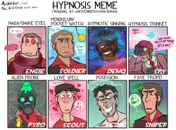  alien black_hair blue_eyes blush brown_hair coils dark_skin demoman_(team_fortress_2) dialogue engineer_(team_fortress_2) gas_mask glowing_eyes goggles green_eyes happy_trance hat heart_eyes hypnotic_accessory love love_potion male_only malesub mask medic_(team_fortress_2) meme music mx_driftdrop parasite pocket_watch possession pyro_(team_fortress_2) red_eyes resisting ring_eyes scout_(team_fortress_2) simple_background singing slime smile snake sniper_(team_fortress_2) soldier_(team_fortress_2) speech_bubble spiral split_personality spy_(team_fortress_2) stitches suit symbol tan_lines tan_skin team_fortress_2 text tie unhappy_trance 