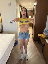  absurdres ahegao anna_(girlsgonehypnotized) brown_hair cleavage erect_nipples femsub girlsgonehypnotized jean_shorts large_breasts long_hair open_mouth pov_dom real shirt_lift standing_at_attention text tongue_out unaware 
