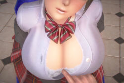 3d aihara_miki blue_eyes blush bow_tie breasts brown_hair cleavage femsub kaa_eyes large_breasts leaning_forward maledom open_mouth original ponytail qr school_uniform short_hair sitting skirt tech_control ugly_bastard underwear undressing
