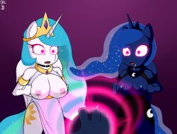  breasts discolored_nipples dr._chaos drool femsub furry glowing glowing_eyes horse_girl large_breasts multiple_subs my_little_pony open_clothes open_mouth princess princess_celestia princess_luna wings 