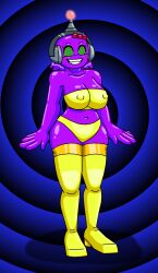  absurdres antenna breasts erect_nipples female_only fembot femsub happy_trance headphones hypnotic_accessory large_breasts latex namco pac-man_(series) pinky robotization short_hair smile spiral_eyes supertechno324 symbol_in_eyes tech_control thighhighs 
