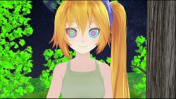  3d animated animated_eyes_only animated_gif bare_shoulders blonde_hair breasts clothed female_only femsub happy_trance helenahunter kaa_eyes large_breasts looking_at_viewer miku_hypno neru_akita side_ponytail smile solo spiral_eyes symbol_in_eyes vocaloid 