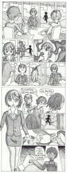 absurdres comic emerald_lazers expressionless hypnotic_gas junko_kaname madoka_kaname monochrome puella_magi_madoka_magica ring_eyes suit tomohisa_kaname