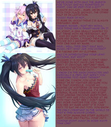 bare_shoulders black_hair blush bottomless breasts caption choker cleavage closed_eyes collarbone female_only femdom femsub food hair_ribbon hoodie hyperdimension_neptunia hypnotic_food large_breasts long_hair looking_back manip multiple_girls neptune_(hyperdimension_neptunia) noire oekakizuki open_clothes open_mouth panties popsicle purple_hair red_eyes ribbon rize_(manipper) short_hair skirt skirt_lift spiral_eyes standing striped_panties sweat symbol_in_eyes text thighhighs tongue tongue_out twintails unaware underwear undressing unhappy_trance very_long_hair yuri