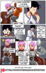 aiko_hajime_shin armor brown_eyes cape comic gauntlets how_i_became_my_masters_slave hypnotico large_breasts large_hips pink_hair saimin_(hypnotico) sharp_teeth speech_bubble story text