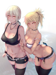  ass blonde_hair breasts cleavage corruption earrings fate/grand_order fate_(series) femsub glowing glowing_eyes gudako happy_trance heart_tattoo jewelry large_breasts midriff mordred_(fate) necklace ni_crying piercing ponytail ritsuka_fujimaru saber_alter short_hair silver_hair tan_lines tattoo thighhighs tomboy tongue tongue_out 