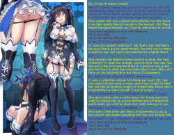 absurdres ass bare_shoulders black_hair black_panties blush boots breasts bridal_gauntlets caption cleavage collarbone dollification female_only femdom femsub finger_to_mouth garter_straps hair_ribbon huge_breasts hyperdimension_neptunia lace large_breasts long_hair manip miniskirt noire oekakizuki open_mouth panties panty_pull red_eyes ribbon rize_(manipper) skirt spiral_eyes standing symbol_in_eyes text thigh_boots thighhighs thighs twintails underwear undressing upskirt yuri