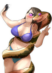  absurdres bikini blush breasts brown_hair cell_phone cleavage coils femsub happy_trance hypnotic_eyes kaa_eyes large_breasts long_hair open_mouth original selfie snake tongue tongue_out usagiforehead v w_arms 