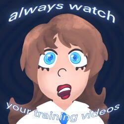  advertisement blue_eyes brown_hair certa_solutions corporatification dazed expressionless femsub forced_employee hypnoposting office_lady open_mouth original spiral spiral_eyes subliminal 
