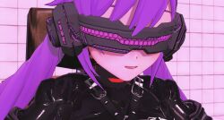 3d absurdres chair femsub genshin_impact happy_trance keqing latex purple_hair restrained smile tech_control visor