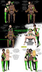 black_hair blonde_hair bridal_gauntlets camila_(pawns_desire) dark_skin dildo hypnotized_assistant hypnotized_hypnotist maddie_(pawns_desire) milking_machine natasha_(pawns_desire) nia_(pawns_desire) nude opera_gloves pawns_desire resisting restrained swimsuit tech_control thighhighs tragicsolitudedragon uniform visor wires