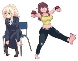 barefoot blonde_hair breasts brown_hair chair cleavage dead_or_alive drool empty_eyes female_only femsub gloves hairband happy_trance hitomi large_breasts midriff pantyhose ponytail ribbon rui_mukawa saimin_yuugi sitting smile sodapop spiral_eyes suit zombie_walk
