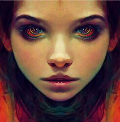  ai_art black_eyes brown_hair looking_at_viewer open_mouth red_eyes red_lipstick spiral_eyes tech_control 