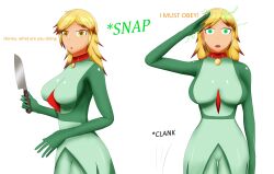 amy_(asaola) before_and_after blonde_hair bodysuit cameltoe collar cosplay electricity femsub finger_snap gardevoir glowing_eyes green_eyes knife saluting shrunken_irises soex tagme trigger white_background yellow_eyes