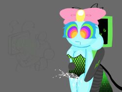 anonymous_artist breasts cum cum_on_body dandy's_world drool futanari hypnotic_screen kaa_eyes poppy_(dandy's_world) tail thighjob vee_(dandy's_world) yuri