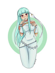  absurdres blue_hair blush breasts femsub fire_emblem fire_emblem_the_blazing_blade happy_trance hypnotic_accessory long_hair looking_at_viewer ninian_(fire_emblem) nintendo red_eyes smile solo spiral spiral_eyes standing sweetlittleneko symbol_in_eyes white_background 