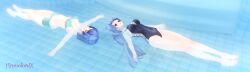  3d aoi_(hypnolordx) blue_hair custom_maid_3d_2 empty_eyes female_only femsub floating happy_trance hinata_hikari_(hypnolordx) hypnolordx long_hair mother_and_daughter pool short_hair swimsuit water 