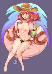  alternate_costume barefoot bikini breasts celica_(fire_emblem) choker color corruption earrings enemy_conversion female_only fire_emblem fire_emblem_echoes glowing_eyes jewelry large_breasts long_hair nail_polish nintendo nipples orange_eyes orange_hair red_eyes red_hair revolverwing sitting swimsuit thighs 