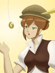 absurdres blush breasts brown_hair coin confused dazed female_only femsub green_eyes hat large_breasts octopath_traveler open_mouth pendulum short_hair simple_background solo spiral_eyes syas-nomis symbol_in_eyes tongue tressa_colzione yellow_background