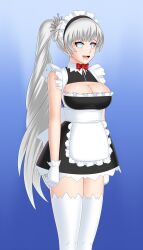 bluebullpen blush bow breasts cleavage clothed dazed dress drool empty_eyes femsub gloves happy_trance large_breasts long_hair maid maid_headdress open_mouth ponytail rwby side_ponytail simple_background smile standing standing_at_attention thighhighs weiss_schnee white_hair