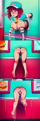    absurdres ai_art ass barefoot breast_expansion breasts cameltoe covered_with_cum cum dress environmental_text expressionless eye_color_change hat kana_arima large_breasts lily_clown_(generator) looking_at_viewer looking_back milk milking milking_machine nipples open_mouth oshi_no_ko panties pink_eyes pussy restrained sequence text underwear uniform upskirt 