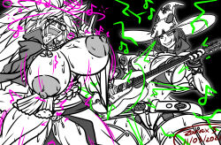 baiken bimbofication black_hair breast_expansion breasts femdom femsub guilty_gear guitar happy_trance hat huge_breasts i-no long_hair monochrome pussy short_hair spiral symbol_in_eyes tongue tongue_out witch_hat zarvex3