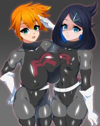  belt black_hair breast_press breasts cleavage collarbone dead_source empty_eyes enemy_conversion erect_nipples_under_clothes female_only femsub gloves hairpin hand_on_hip huge_breasts large_breasts large_hips latex liko_(pokemon) misty multiple_girls multiple_subs nintendo open_mouth orange_hair pokeball pokemon pokemon_(anime) pokemon_red_green_blue_and_yellow saluting short_hair side_ponytail simple_background small_breasts smile standing standing_at_attention team_rocket thighhighs tight_clothing xenoxeno 