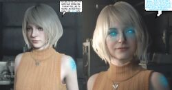  3d ashley_graham bare_shoulders before_and_after blue_eyes comic dialogue glowing_eyes happy_trance jay-fujin_(manipper) manip necklace resident_evil resident_evil_4 resident_evil_4_remake short_hair speech_bubble sweater text unaware virus 