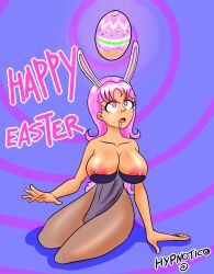  aiko_hajime_shin breasts bunny_ears bunny_girl bunnysuit cleavage collarbone drool easter expressionless fake_animal_ears fake_tail femsub hypnotico kneeling large_breasts nipples open_mouth original pink_eyes pink_hair signature simple_background spiral spiral_background spiral_eyes tail text topless 