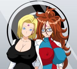 absurdres android_18 android_21 blonde_hair blue_eyes breasts cleavage dragon_ball dragon_ball_fighterz dragon_ball_z empty_eyes expressionless female_only femsub hypnotic_accessory jimryu large_breasts long_hair microchip multiple_girls open_mouth short_hair tech_control