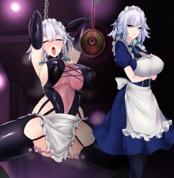  absurdres apron armpits arms_above_head before_and_after blue_eyes blush braid breasts chains cleavage coin erect_nipples erect_nipples_under_clothes eyebrows_visible_through_hair femsub garter_straps gloves glowing heart heart_eyes large_breasts looking_at_viewer maid midriff navel nipple_piercing nipples open_mouth opera_gloves pendulum piercing restrained sakuya_izayoi see-through sex_toy sideboob silver_hair sinkai spread_legs squatting thighhighs tight_clothing tongue tongue_out touhou vibrator 