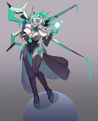 absurdres alternate_costume breasts cleavage clothed control_indicator corruption crown earrings elf_ears eye_color_change facial_markings femsub glowing_eyes green_eyes gwen_(league_of_legends) hair_color_change large_breasts league_of_legends long_hair makeup maledom orb pale_skin possession riloyoy ruination thighhighs thighs viego_(league_of_legends) weapon white_hair