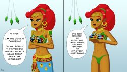  absurdres before_and_after breasts breath_of_the_wild dark_skin denial dialogue elf_ears female_only femsub gerudo hypno_apophis instant_loss jewelry large_breasts mantra nintendo open_mouth pendulum red_hair spiral_eyes symbol_in_eyes text the_legend_of_zelda underboob underwear undressing urbosa 