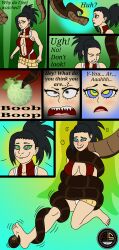  absurdres before_and_after black_hair blush breasts cleavage coils comic disney femsub happy_trance hypnotic_eyes kaa kaa_eyes large_breasts maledom momo_yaoyorozu my_hero_academia open_mouth ordeper_arts ponytail short_hair smile snake text the_jungle_book 