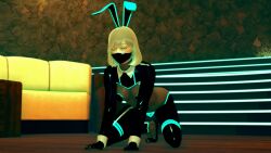  3d all_fours blonde_hair blue_eyes bodysuit bunny_ears bunny_girl clothed_exposure crotch_tattoo cuffs cyan_eyes face_mask fake_animal_ears female_only femsub glowing glowing_eyes happy_trance heavy_eyelids honey_select_2 kneeling latex looking_at_viewer mage_black_vrc navel original pasties reverse_bunnysuit rubber see-through shoes short_hair solo tattoo wink 