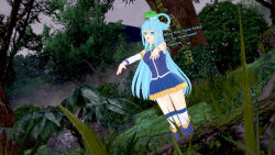 3d altered_common_sense aqua_(konosuba) blue_hair boots clothed english_text expressionless female_only femsub goddess kono_subarashii_sekai_ni_shukufuku_wo! mushroom open_mouth possession skirt sonrio12 spiral_eyes text thighhighs very_long_hair zombie_walk