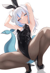 armpits arms_above_head breasts bunny_ears bunny_girl bunnysuit cuffs fake_animal_ears female_only femsub gawr_gura high_heels hololive hololive_english pantyhose pole_dancing shark_girl shironeko_(ryu160303) small_breasts solo spiral_eyes squatting symbol_in_eyes tail