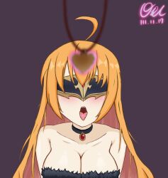  bare_shoulders blush breasts choker cleavage collarbone eye_mask female_only femsub glowing hypnotic_accessory long_hair looking_at_viewer orange_hair pecorine princess_connect! princess_connect!_re_dive qmoren signature simple_background solo tongue_out 