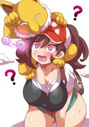  blush breasts brown_eyes brown_hair cleavage dazed drool elaine_(pokemon_let&#039;s_go) femsub glowing glowing_eyes happy_trance hypno konno_tohiro large_breasts long_hair maledom nintendo open_mouth pendulum pokemon pokemon_(creature) pokemon_let&#039;s_go pokemon_trainer text 