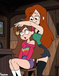  aged_up aokushan brown_hair chair complex_background disney eyebrows_visible_through_hair female_only femsub freckles gravity_falls hairband leggings mabel_pines open_mouth orange_hair pendulum signature sitting skirt smug socks spiral_eyes sweater wendy_corduroy 