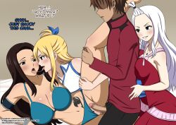  blonde_hair brown_hair cana_alberona censored doggos_doujins empty_eyes fairy_tail femsub long_hair lucy_heartfilia maledom mirajane_strauss penis sex swimsuit text white_hair 