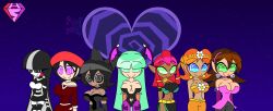  adeleine black_eyes black_hair blue_eyes brown_hair charlotte_emily cleavage darkstalkers earrings femsub five_nights_at_freddy's green_eyes green_hair hat heart hypnoscream kingdom_hearts kirby_(series) makeela_riju megaman_(series) megaman_legends_(series) morrigan_aensland murder_drones nintendo orange_hair princess princess_daisy purple_background purple_eyes red_hair smile spiral spiral_eyes spiralwash_eyes standing_at_attention succubus super_mario_bros. tessa_james_elliot the_legend_of_zelda tron_bonne 