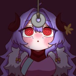  ahoge alternate_costume alternate_hair_color alternate_hairstyle aoaoryoku7419 blush breasts clothed costume female_only femsub flower flower_in_hair hair_ornament horns kimono kindred_(league_of_legends) large_breasts league_of_legends long_hair pendulum purple_hair simple_background solo spiral_eyes sweat twin_braids 